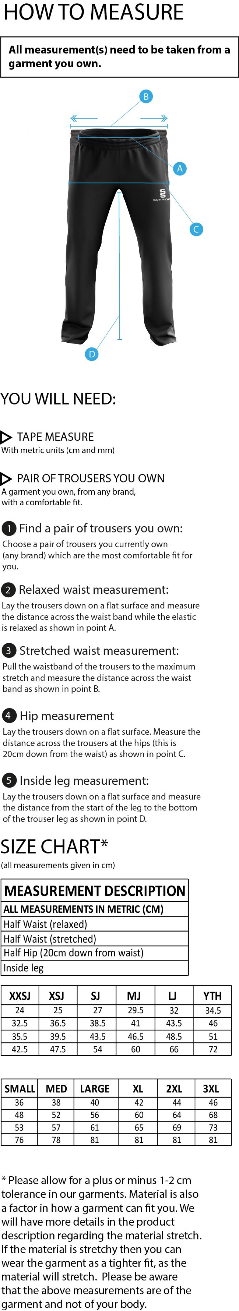 Cobham CC - Dual Poplin Track Pant - Men's/Junior Fit - Size Guide