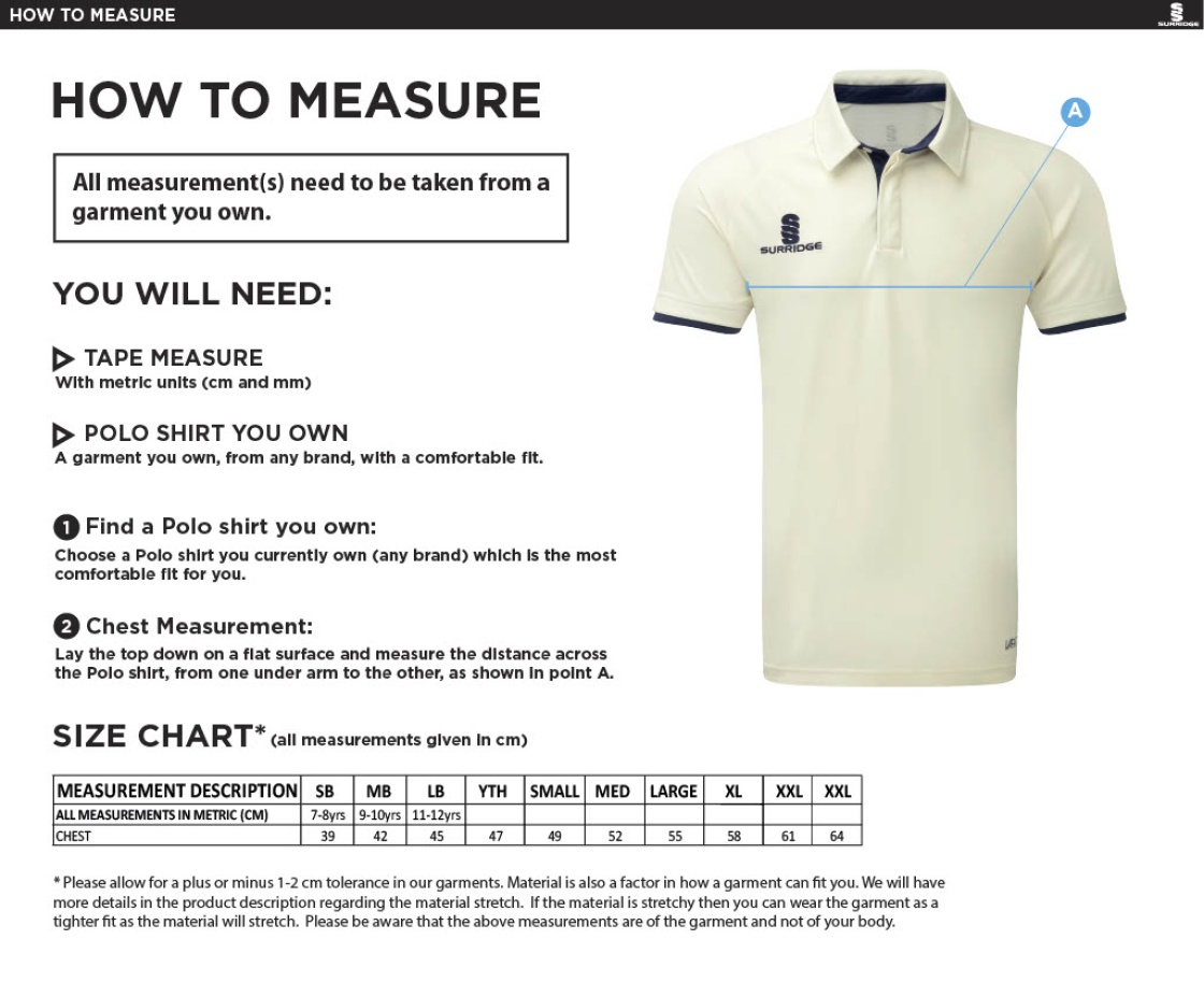 Cobham CC - Dual Short Sleeve Cricket Shirt - Men's/Junior Fit - Size Guide
