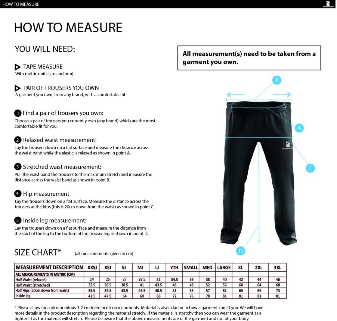 Cobham CC - Dual Poplin Track Pant - Men's/Junior Fit - Size Guide