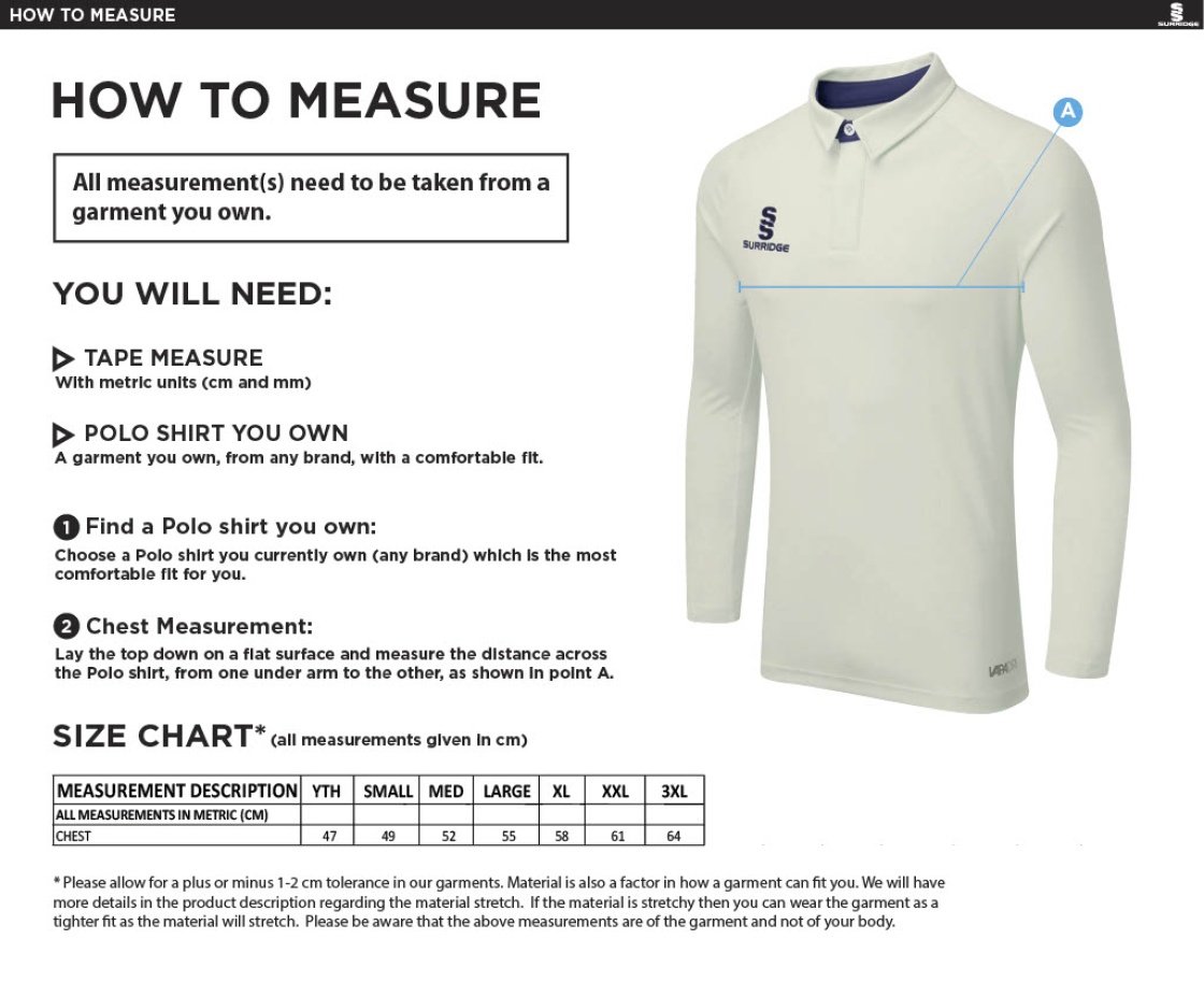 Cobham CC - Dual Cricket Shirt Long Sleeve - Men's/Junior Fit - Size Guide