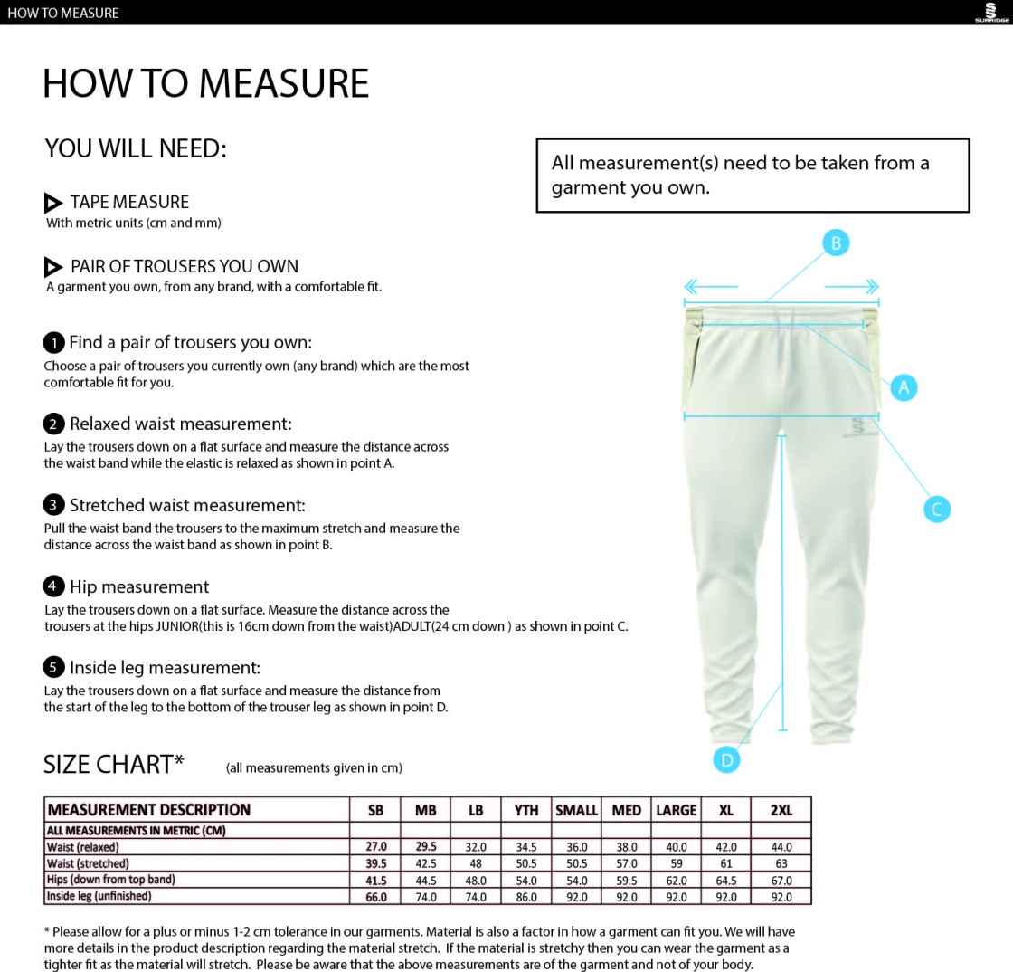 Cobham CC - Ergo Playing Pant - Men's/Junior Fit - Size Guide